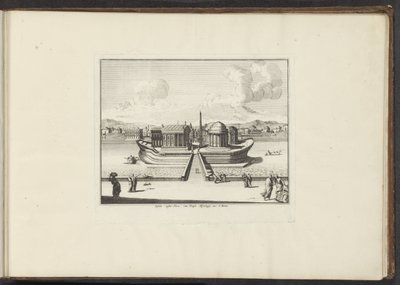 منظر لجزيرة التيبر في روما Insula instar Navis نائب الرئيس Templo Aesculapij. إلخ: روما (العنوان على الكائن) القصور والمعالم الأثرية في البندقية وليفورنو ونابولي وروما (عنوان السلسلة) بواسطة ملكيور كوزيل (الأول) (ربما)