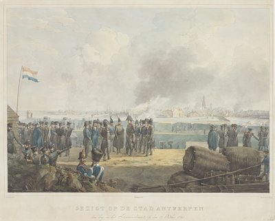 منظر لمدينة أنتويرب ، في اليوم التالي للقصف ، في 28 أكتوبر 1830 (العنوان على الجسم) بواسطة إيزاك شومان