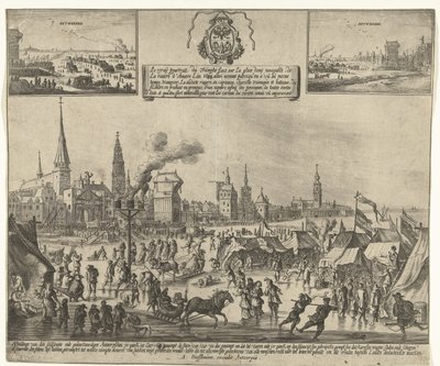 الترفيه الجليدي على شيلدت المجمد في أنتويرب ، 1684 لو فراي بوتريك ، دو تريومف فيكت سور لا جلاس ديمي نافيجابل ، دي لا ريفير دانفر لان 1684 (...) (العنوان على الجسم) Afbeldinge van den seldsamen ende gedenckwerdigen Antwerpschen ys -ganck، int J بواسطة أ. الشعر
