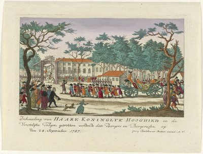 اللحاق بأميرة أورانج والأطفال 1787 التجاوز على Haare Koninglyk Hooghied والأحفاد الملكي ، رسمه Burghers و Burgeressen في 24 سبتمبر 1787 (العنوان على الجسم) مطبوعات ألمانية ملونة عن الحدث بواسطة مجهول
