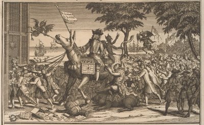 جون لو على حمار سانشو بانزا 1720 القانون ، مثل Don-Quichot الثاني ، في Sanches Graauwtje يجلس في استهزاء (العنوان على الشيء) The Great Table of Folly (عنوان السلسلة) بواسطة مجهول