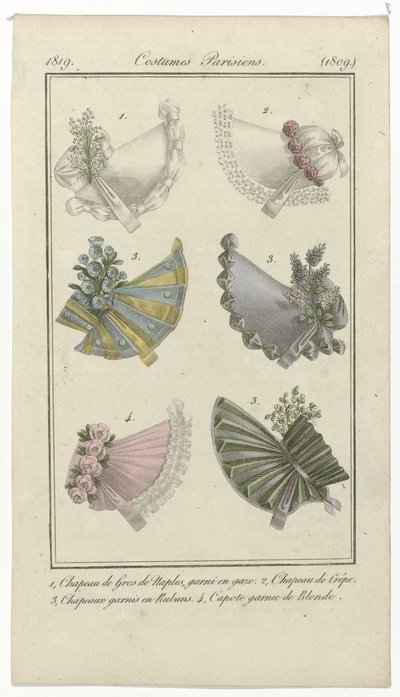 Journal des Dames et des Modes، Costumes Parisiens، April 15، 1819، (1809): 1، Gros de Naples Hat (...] بواسطة بيير دي لا ميسانجير