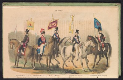 أزياء ورايات حرس الشرف في أمستردام ودلفت ولايدن ، 1840-1842 رابعا. المجموعة (العنوان على الكائن) بواسطة جوانس فرديناندوس ديميلين (الثانية)