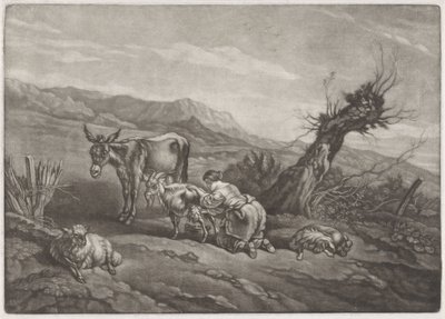 منظر طبيعي مع راعية تحلب ماعزًا بواسطة Nicolaes Pietersz Berchem (ربما)