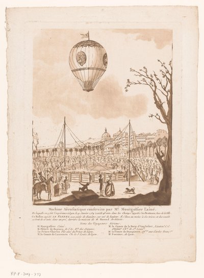 Luchtballon ، Le Flezel ، van Joseph-Michael Montgolfier the Elder buiten Lyon آلة هوائية من صنع السيد مونتغولفييه الأكبر (العنوان على الجسم) بواسطة مجهول