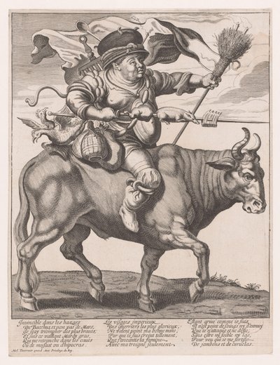 رجل مثقل بالأدوات المنزلية يجلس على الماشية خلال الكرنفال بواسطة Adriaen Pietersz van de Venne