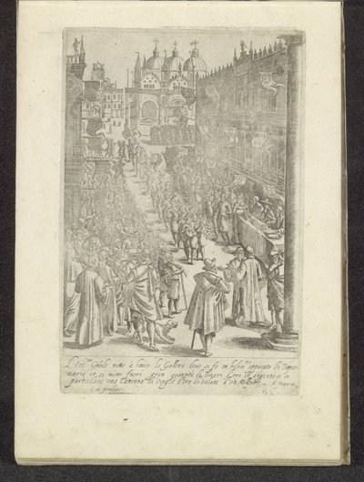 Optocht op het San Marcoplein te Venetië Scènes uit het Venetiaanse leven (عنوان السلسلة) Habiti d'Huomeni and Venetian Women مع موكب Ser.ma Signoria وتفاصيل أخرى ، مثل حفلات الانتصار والاحتفالات العامة لأرقى مدينة في بواسطة جياكومو فرانكو