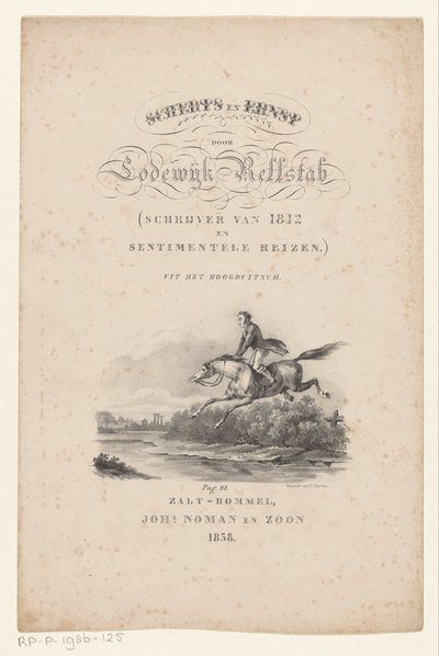 حصان يقفز فوق النهر صفحة عنوان لـ: Lodewijk Rellstab ، Joker and Seriousness ، 1838 بواسطة مجهول