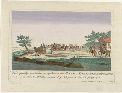 ألقي القبض على أميرة أورانج في Goejanverwellesluis ، 1787 الاعتداء الكبير ووقف Haare Koninglyk Hooghied على الطريق بالقرب من Haastrecht من قبل الكثير من Corporists الأحرار. 28. يونيو 1787 (العنوان على الكائن) المطبوعات الألمانية الملونة حوالي د بواسطة مجهول
