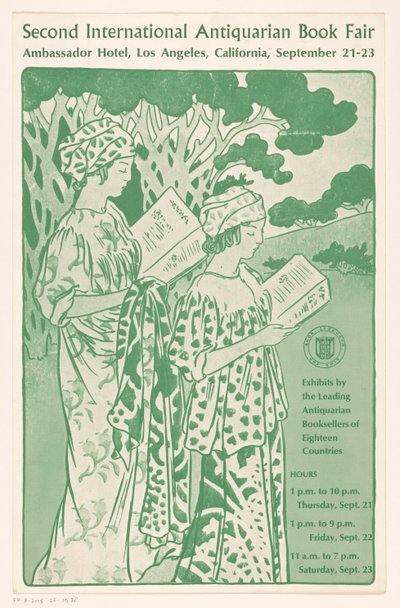 Reclamebiljet voor de Second International Antiquarian Book Fair te لوس أنجلوس المعرض الدولي الثاني للكتاب الأثري (العنوان على القطعة) بواسطة الرابطة الدولية لبائعي الكتب الأثرية