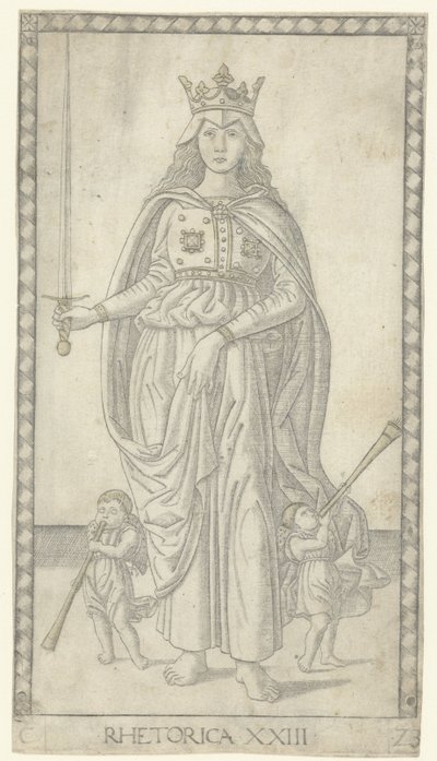 البلاغة بالسيف واثنين من الملائكة الصغار مع الأبواق البلاغة (العنوان على الشيء) Tarocchi (عنوان المسلسل السابق) بواسطة مدرسة فيرارا