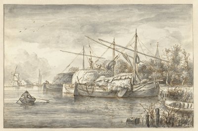 منظر طبيعي للنهر مع بعض صنادل التبن بواسطة Jacob Isaacksz van Ruisdael (رفض الإسناد)
