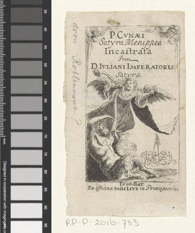 الساتير والملاك ينفخان بالبوق صفحة العنوان لـ: Petrus Cunaeus ، Satyra Menippea Incastrata ، ١٦٣٢ بواسطة مجهول