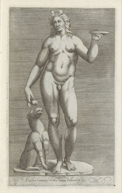 Sculptuur van Bacchus en een hond باخوس والرخام في منطقة قصر فالينس (العنوان على القطعة) المنحوتات العتيقة في روما (عنوان السلسلة) أيقونات التماثيل القديمة لمدينة روما والتي تظهر في الأماكن العامة (عنوان السلسلة) بواسطة مجهول