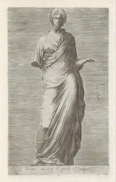 Sculptuur van Urania، muze van de sterrenkunde يورانيا الملهمة في مبنى الكابيتول (العنوان على الكائن) المنحوتات العتيقة في روما (عنوان السلسلة) أيقونات التماثيل القديمة لمدينة روما والتي تظهر في الأماكن العامة (عنوان السلسلة) بواسطة مجهول