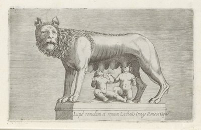 Sculptuur van de Lupa Capitolina die de tweeling Romulus en Remus zoogt رومولوس وريموس يرضعن صورة الذئب لروما في كابيتو (العنوان على الكائن) المنحوتات العتيقة في روما (عنوان السلسلة) من التماثيل القديمة لمدينة روما والتي يمكن رؤيتها في الأماكن العامة جيم بواسطة مجهول