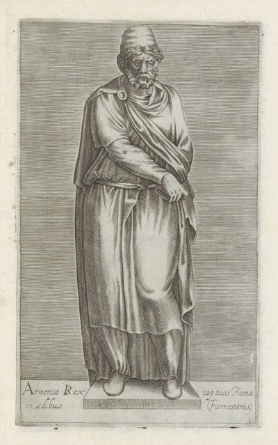 Sculptuur van een barbarese السجين ملك أرمينيا لأسرى روما في قصر فارنيز (العنوان على الكائن) المنحوتات العتيقة في روما (عنوان السلسلة) أيقونات التماثيل القديمة لمدينة روما والتي تظهر في الأماكن العامة (عنوان السلسلة) بواسطة مجهول