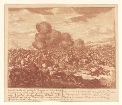 معركة بين القوات الإمبراطورية والإسبان في صقلية ، يونيو 1719 Bataille بين Keyserlijke Troupen تحت قيادة General Count of Mercy ، والإسبان تحت قيادة Marquis de Leede (...) (العنوان على الكائن) بواسطة غير معروف