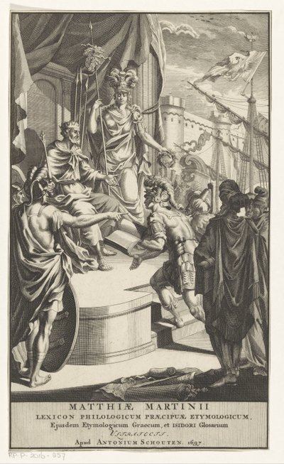 يقدم الجندي الكتاب إلى الملك صفحة العنوان لـ: Matthias Martinius، Lexicon philologicum praecipuae etymologicum، 1697 بواسطة أنتوني سكوتن