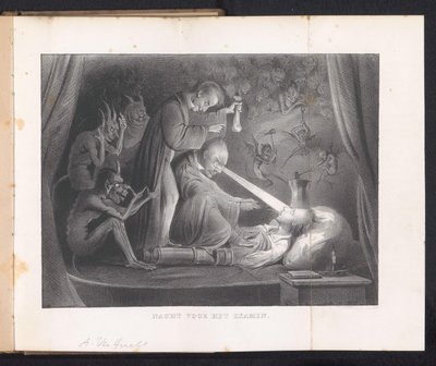 رسم كاريكاتوري في تقويم طالب ليدن ، 1844 ليلة ما قبل الامتحان (العنوان على الشيء) بواسطة جيه إتش جيبهارد وشركاه