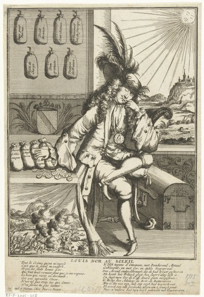 كارتون على لودويجك ويليم فان بادن بادن ، 1705 لويس دور أو سولي (العنوان على الكائن) رويال ألماناش عام 1705 / 't Lusthof van Momus (عنوان السلسلة) بواسطة كاريل ألارد (منسوب إلى)