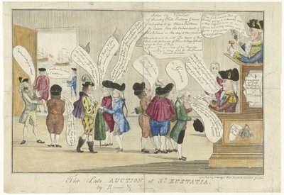 رسم كاريكاتوري عن اللغة الإنجليزية في سانت أوستاتيوس ، 1781 المزاد المتأخر في سانت يوستاتيا (العنوان على القطعة) بواسطة مجهول