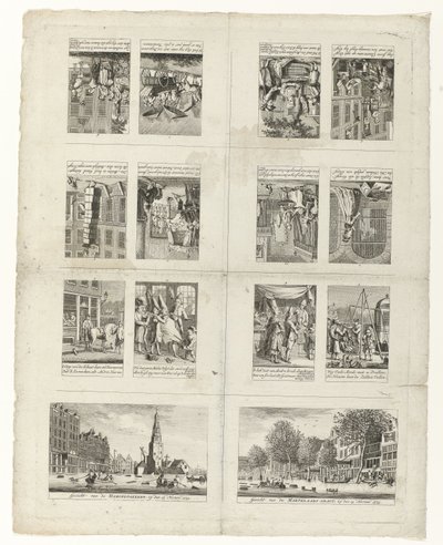 رسوم كاريكاتورية عن الموضة ومشهدين لأمستردام أثناء فيضانات عام 1775 بواسطة مجهول
