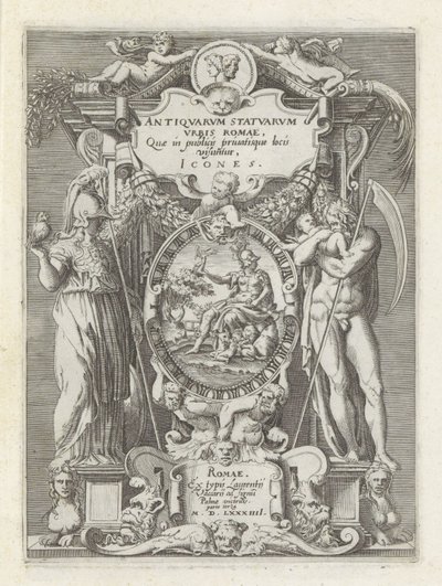 التقى Titelprent روما ، Minerva en Saturnus المنحوتات العتيقة في روما (عنوان السلسلة) أيقونات التماثيل القديمة لمدينة روما والتي تظهر في الأماكن العامة (عنوان السلسلة على الكائن) بواسطة لورينزو فاكاري