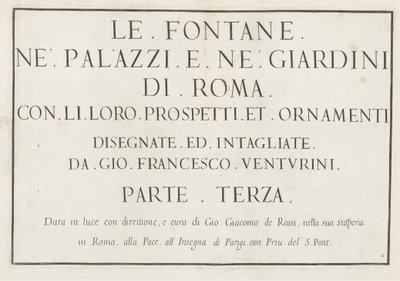 طباعة العنوان مع عنوان مؤطر Le Fontane ne Palazzi e ne giardini di Roma (عنوان المسلسل) نوافير في قصور وحدائق روما (عنوان السلسلة) بواسطة جيوفاني جياكومو دي روسي