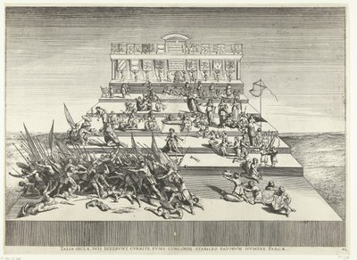 Toneelvoorstelling over oorlog en vrede؛ توخت فان فرديناند تي جنت عام 1635 (رقم 42) مثل هذه القرون ، قالوا لأنفسهم ، ركضوا ، مغازل في وئام ، مستقرة ، بمنأى عن إله القدر (العنوان على الشيء) مسرح Genethliacon لتشارلز الخامس بواسطة مجهول