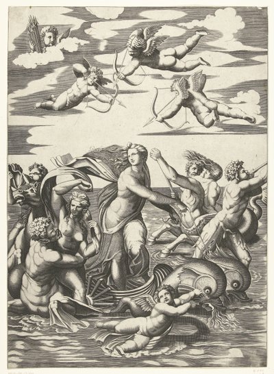 التقى Triomf van Galatea مع tritons في nereïden في putti بواسطة رافائيل