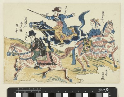 رجلان وامرأة على ظهور الخيل Ikokujin bajo yuko no zu (العنوان على الكائن) صورة ركوب الاجانب بواسطة مجهول