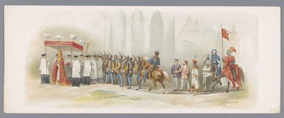 حفلة تنكرية في أوترخت عام 1876 (اللوحة الثالثة) الثامن والأربعون. Lustrum of the Utrechtsche Hoogeschool. دخول Duke Karel den Stoute إلى Zutfen ، IV Augustus MCCCCLXXIII. موكب بالملابس من Heeren Studenten ، أقيم في أوتريخت في 27 يونيو 1876 (عنوان السلسلة بواسطة تريسلينج وكومب.