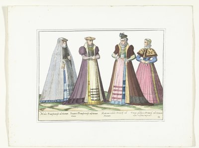 أربع نساء يرتدين الأزياء الألمانية في فرانكفورت حوالي عام 1580 أزياء Allemands (العنوان على الكائن) بواسطة مجهول