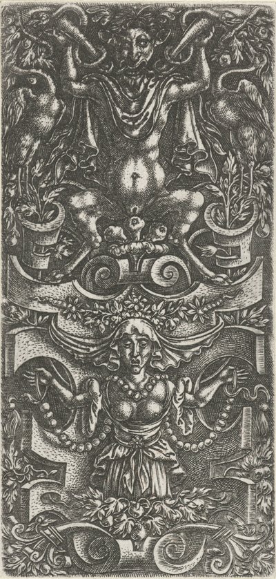 امرأة ترتدي الحجاب وإكليل من الخرز أمام مبنى عمل حلزوني الزخارف السطحية مع Grotesques التمرير (عنوان السلسلة) بواسطة مجهول