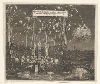 الألعاب النارية في Pleißenburg ، 8 يوليو 1667 Churfürstl: Sachsisches gehaltenes und an gezentes Fewer werck zu nachts بيج قلعة Pleissenburg ، 1667 ، 8 يوليو (العنوان على الكائن) بواسطة مجهول