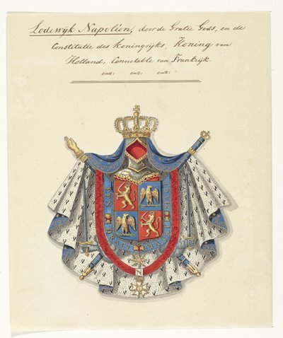 شعار النبالة لـ Lodewijk Napoleon Bonaparte ، ملك هولندا لوديويجك نابليون ، بحمد الله ، ودستور المملكة ، ملك هولندا ، متضمن لفرنسا (العنوان على الشيء) بواسطة مجهول