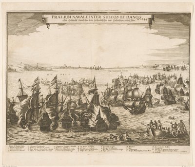 معركة بحرية بين الأسطول السويدي والدنماركي في الحزام ، 1644 Praelium navale inter Suecos et Danos / Ao. 1644 / انظر Schlacht Zwieschen den Schwedischen und Dehnischen Schieffflota (العنوان على الكائن) بواسطة مجهول