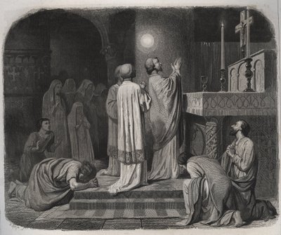 كرة من النار تظهر فوق SAINT MARTIN eveque de Tours (316-397) أثناء عمله. نقش من عام 1846 في "" حياة القديسين ". مجموعة خاصة. بواسطة مجهول مجهول