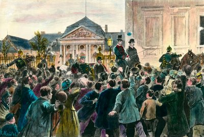 تصفيق الحشد عند مغادرة أوتو فون بسمارك (1815-1898) منصبه وبرلين في 29 مارس 1890 نقش نهاية القرن التاسع عشر. مجموعة خاصة بواسطة مجهول مجهول