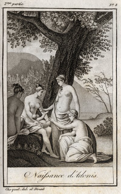 ولد أدونيس. نقش من عام 1819 في "Lettres a Emilie sur la mythologie" لتشارلز ألبرت ديموستييه (1760-1801). مجموعة خاصة. بواسطة مجهول مجهول