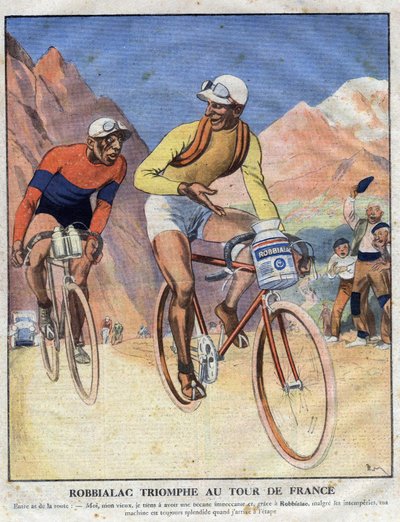 إعلان عن لوحة Robbialac: "" انتصار Robbialac في سباق Tour de France "". راكب دراجة يبيع مزايا طلاء روبيالاك لدراجته. نقش. واحدة من "The Little Journal Illustrates" بواسطة مجهول مجهول