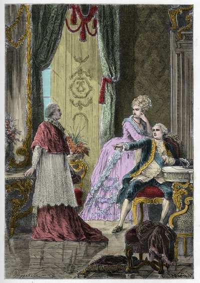 قضية عقد الملكة (1785-1786): الكاردينال لويس رينيه إدوارد دي روهان (1734-1803) قبل الملك لويس السادس عشر (1754-1793) والملكة ماري أنطوانيت (1755-1793) بواسطة مجهول مجهول