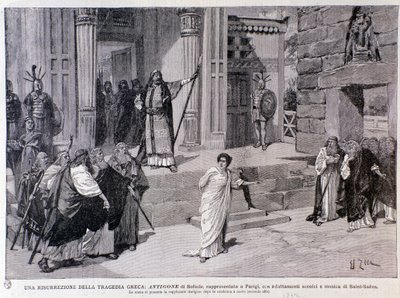 Antigone sentenced to death. Scene from the play Antigine, with music by Camille Saint-Saens, performed in Paris بواسطة مجهول مجهول