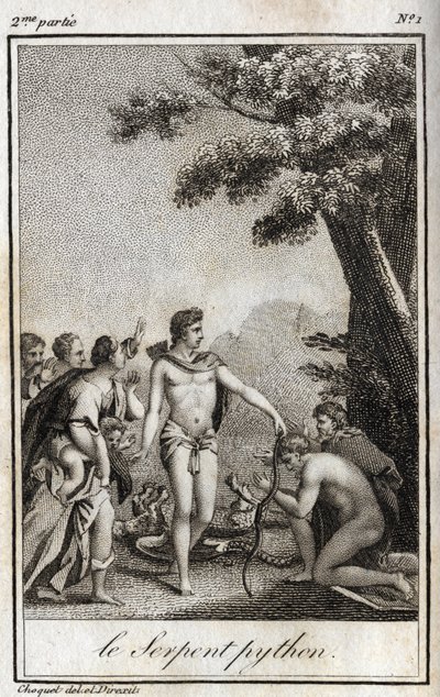 أبولو وثعبان بايثون على جبل بارناسوس. نقش من عام 1819 في "Lettres a Emilie sur la mythologie" لتشارلز ألبرت ديموستييه (1760-1801). مجموعة خاصة. بواسطة مجهول مجهول