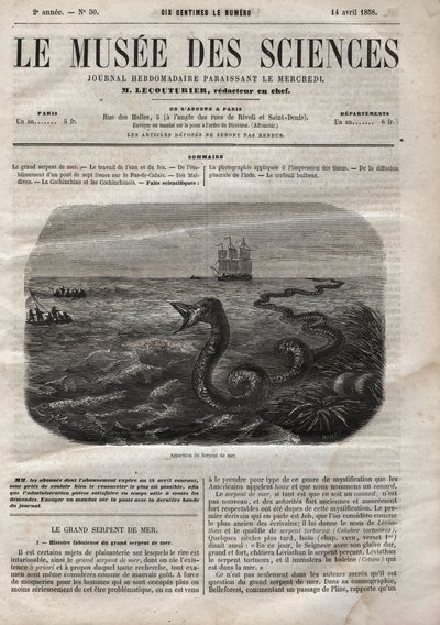 ظهور ثعبان البحر. نقش من عام 1858. أحد "متحف العلوم" في 14 أبريل بواسطة مجهول مجهول