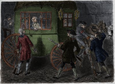 Arrest of Louis XVI (1754-1793) and his fleeing family in Varennes on 21 June 1791. Engraving from 1866 in “Histoire de la Revolution francaise”” by Adolphe Thiers. . بواسطة مجهول مجهول