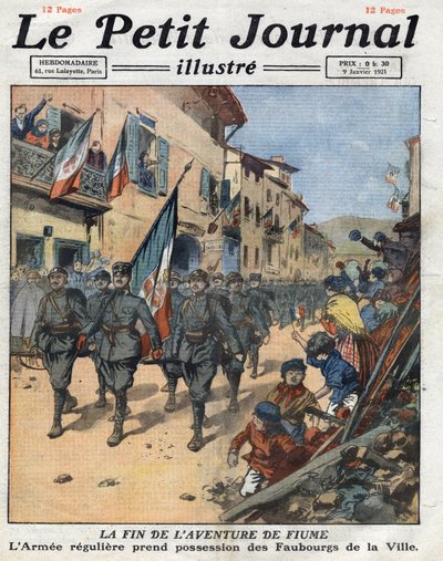 نتيجة لتجارة Rapallo ، أصبحت Fiume (Rijeka) دولة حرة ، سافر الجيش الإيطالي ، الذي طرد للتو Gabriele d'annunzio من الإقليم ، عبر شوارع المدينة. رسم إيضاحي مأخوذ من "" مجلة Le petit "" بتاريخ 9/1/1921. بواسطة مجهول مجهول