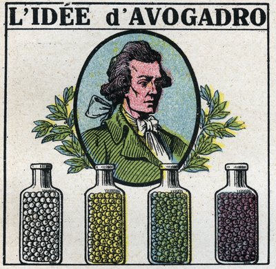 الذرات: فكرة أميديو أفوجادرو (1776-1856). رسم توضيحي مجهول من عام 1925. مجموعة خاصة. بواسطة مجهول مجهول