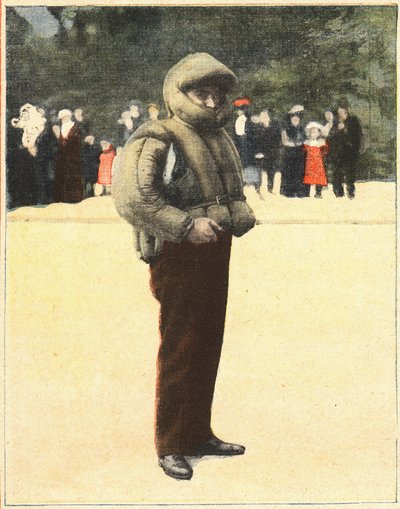 الطيران: بدلة هوائية مصممة لحماية الطيارين من السقوط. نقش في "Le petit parisien" بتاريخ 16/10/1910. مجموعة خاصة. بواسطة مجهول مجهول
